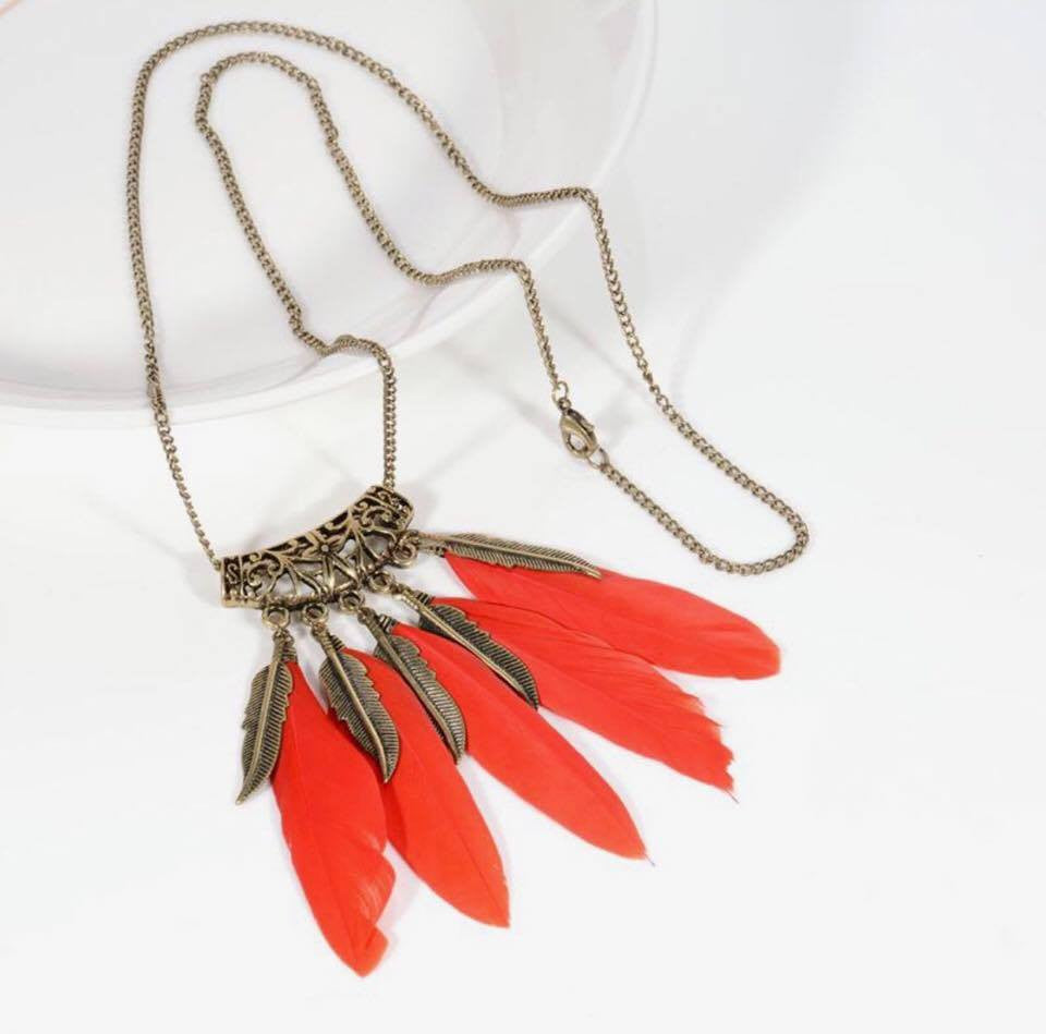 Vintage Retro Indian Feather Pendants Long Gold Plated Chain Necklace