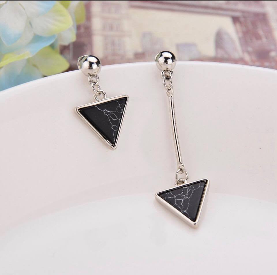 Geometric Triangle Marble Faux Stone Asymmetry Long Drop Dangle Earrings