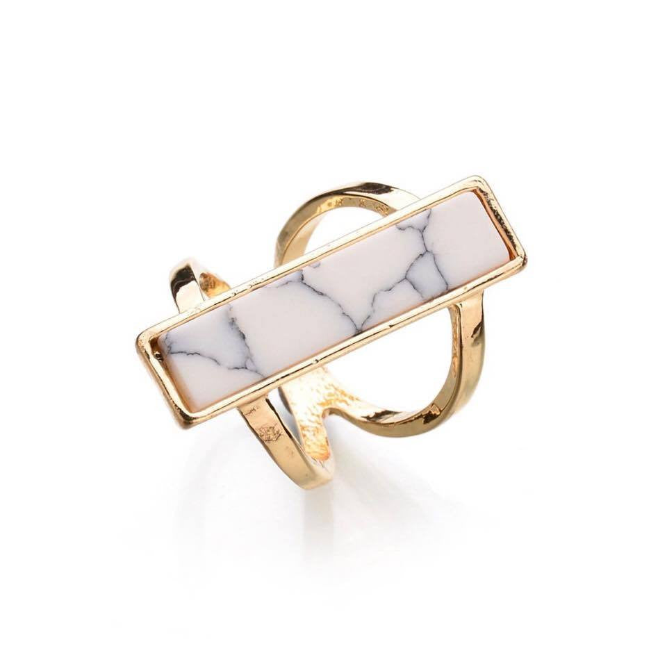 Black White Rectangle Faux Marble Stone Gold Plated Double Layer Ring