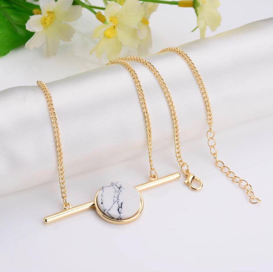 Matchstick Bar Round Faux Marbleized Stone Short Choker Necklace