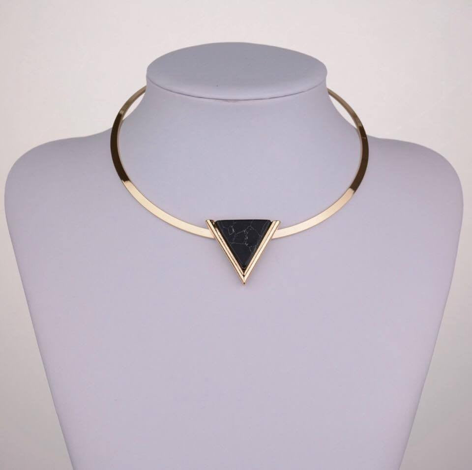 Gold Plated Punk Short Choker Necklaces With Black/White Geometric Triangle Faux Stone