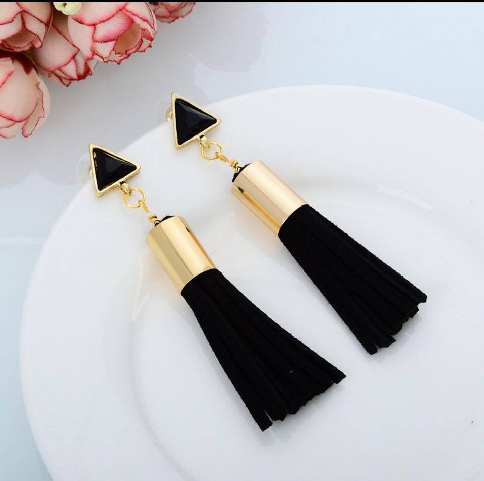 Long Triangle Faux Stone Black Tassel Velvet Drop Earrings