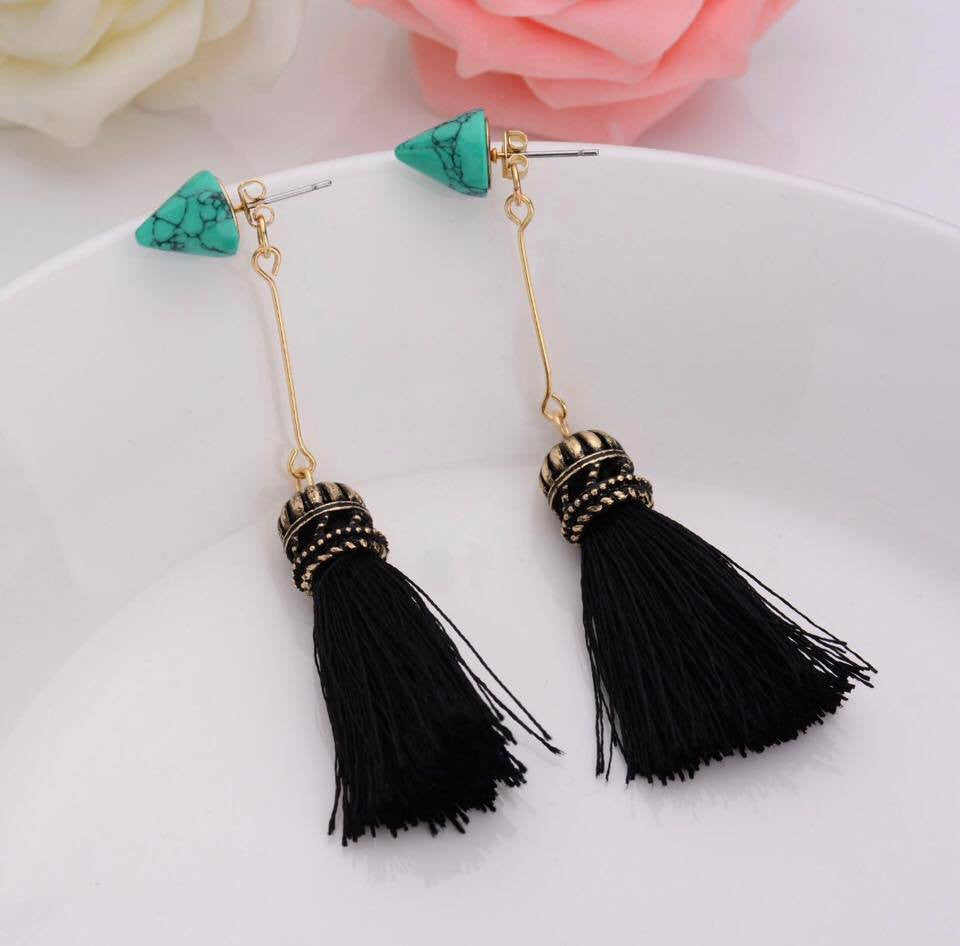 Geometric Gold Plated Cone Spike Faux Marble Stone Tassel Drop Dangle Earrings
