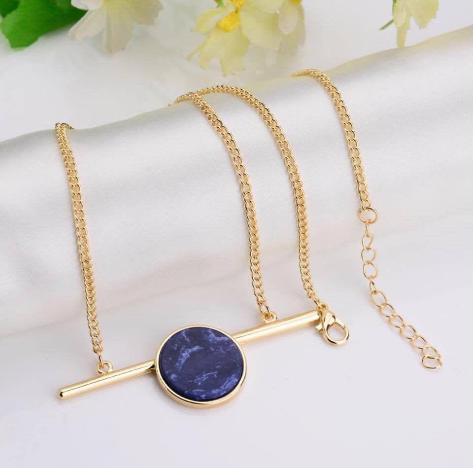 Matchstick Bar Round Faux Marbleized Stone Short Choker Necklace