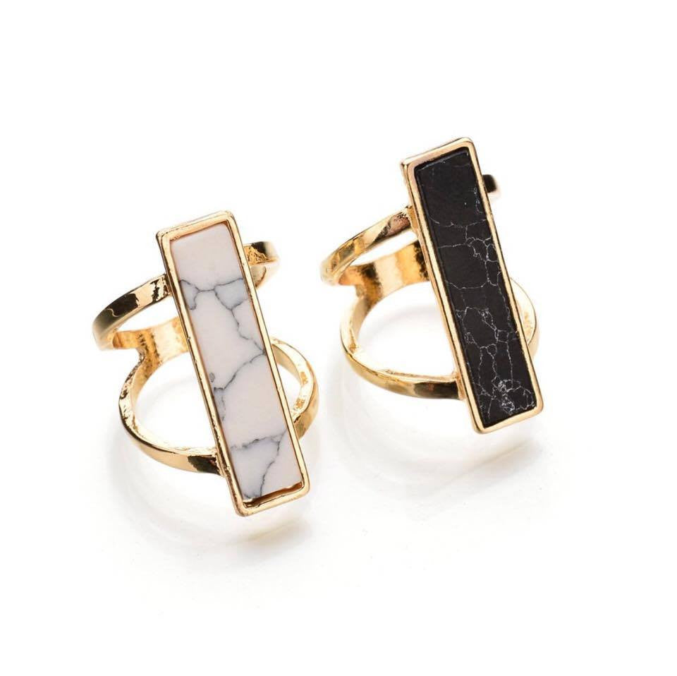 Black White Rectangle Faux Marble Stone Gold Plated Double Layer Ring