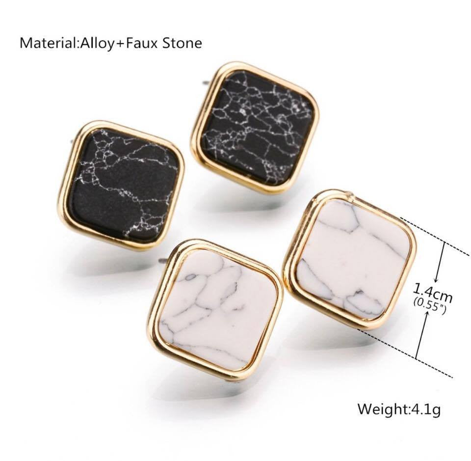 Black White Faux Marbled Stone Square Stud Earrings