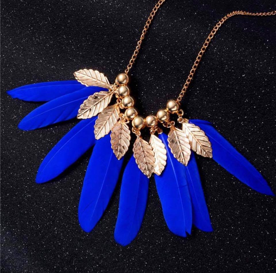 Gold Leaves Vintage Feather Long Pendant Necklace