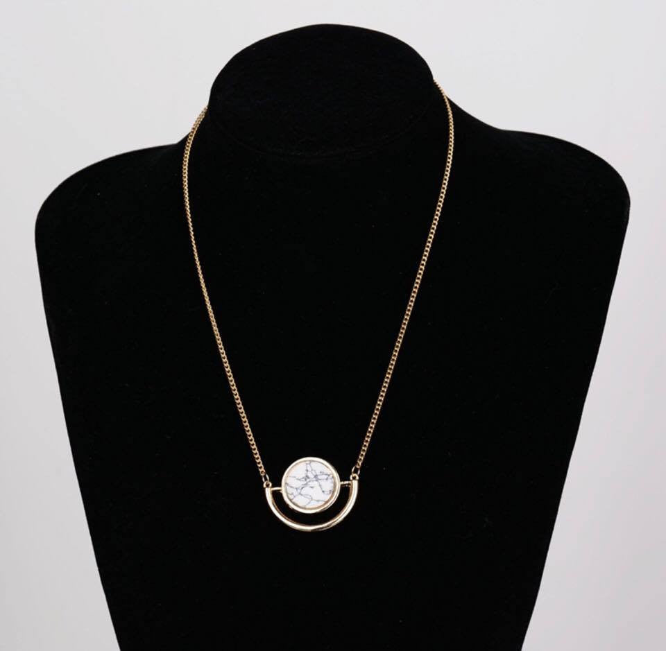 Gold Chain White Black Round Turquoise Marbled Stone Necklace