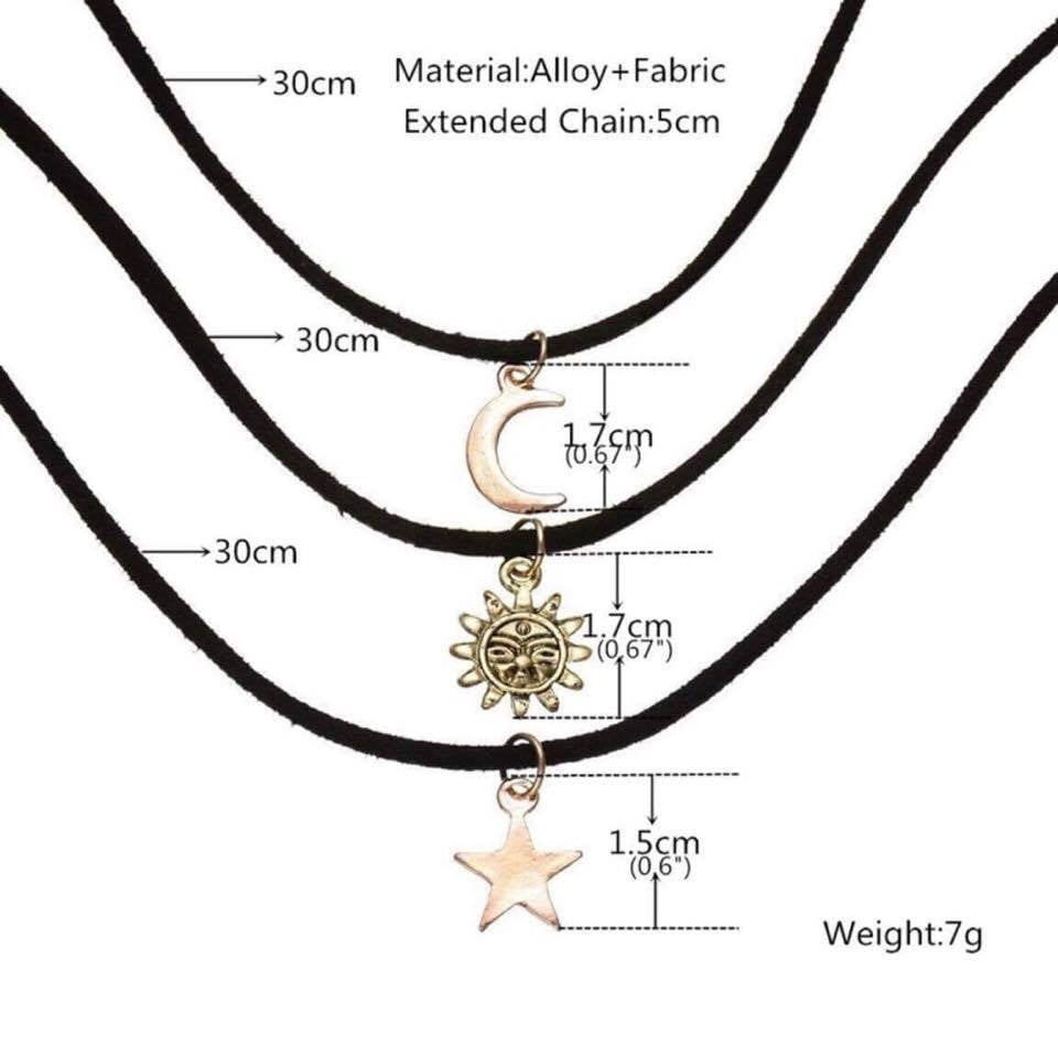 3PCS/Set Star Moon Sun Black Velvet Rope Chokers Necklaces Gold Plated Pendants Necklace