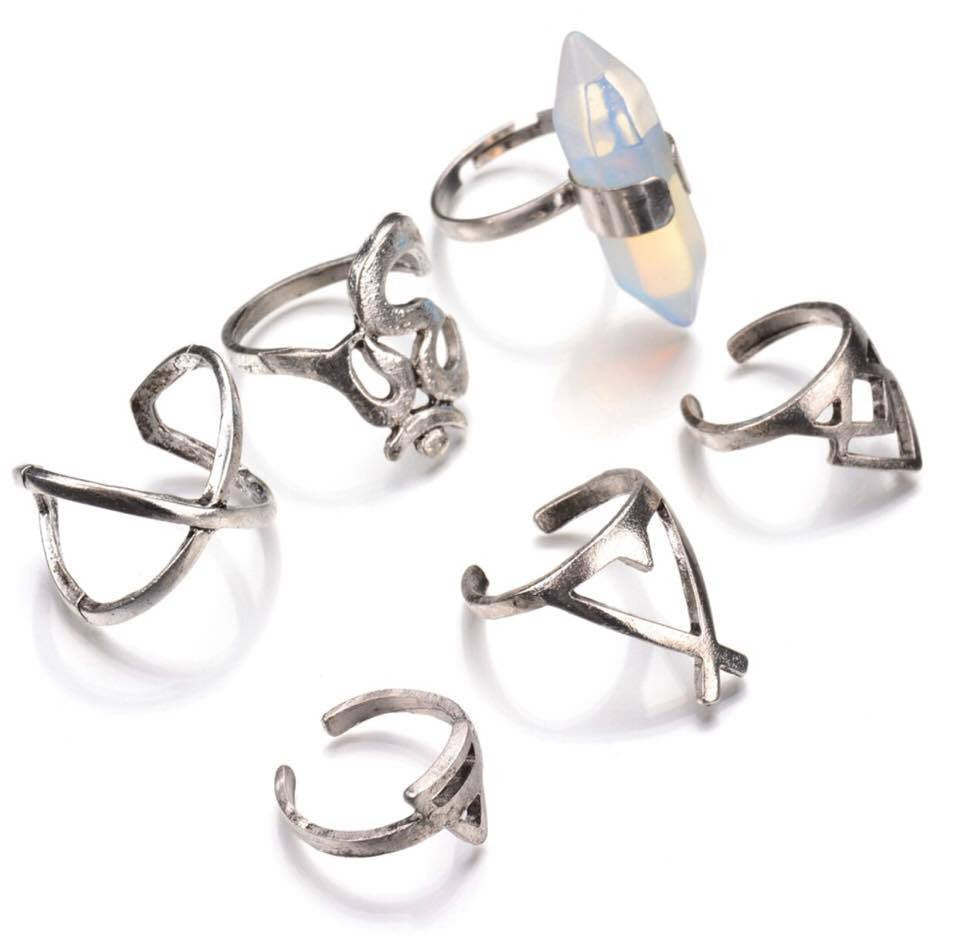 Retro Punk Ring Set Vintage Hollow Antique Silver Plated Lucky midi Rings  6PCS/Set