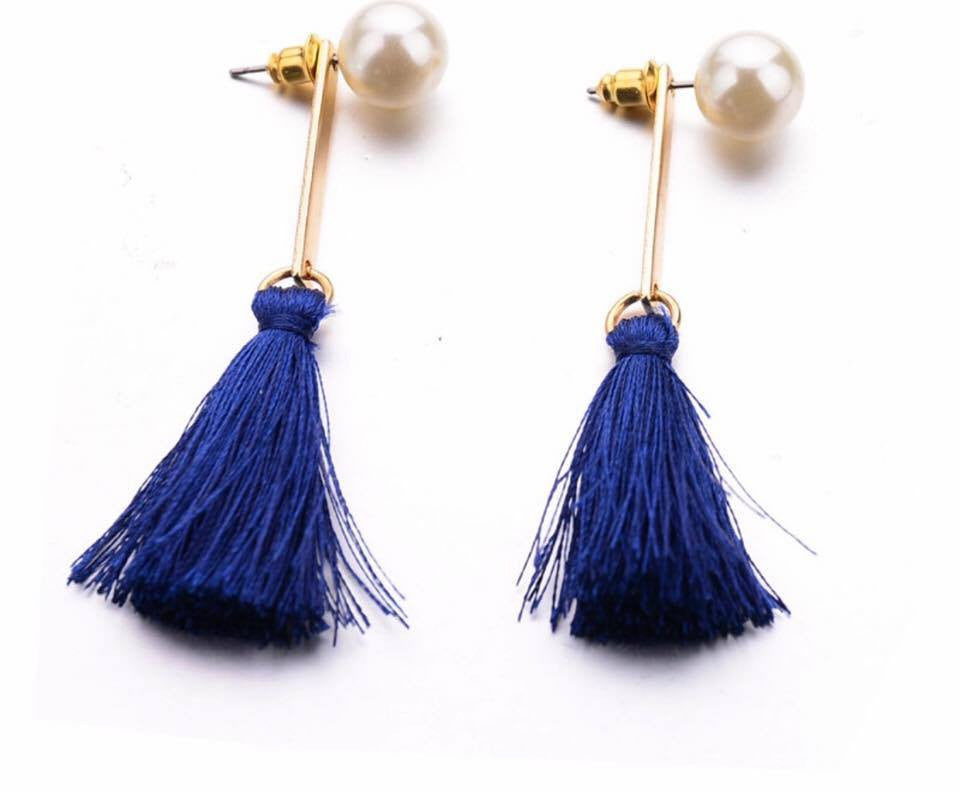 Gold Metal Bar Tassel Fringe Pearls Ear Jackets Drop Earrings