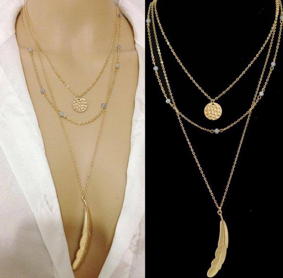 Gold Silver Beaded Metal Feather Pendant Multi Layer Chain Necklace