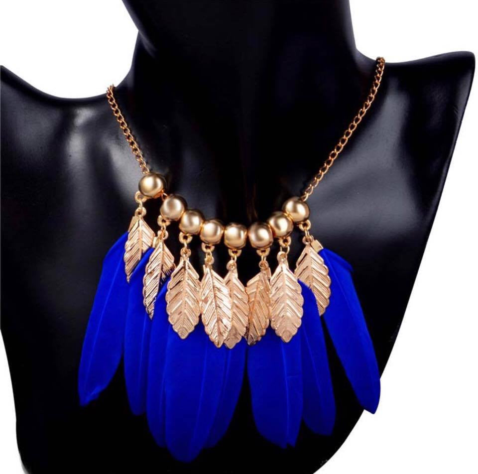 Gold Leaves Vintage Feather Long Pendant Necklace