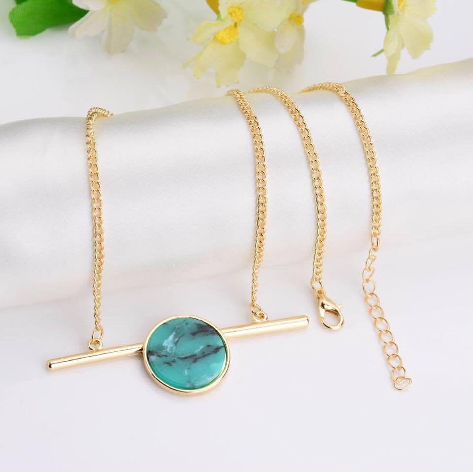 Matchstick Bar Round Faux Marbleized Stone Short Choker Necklace