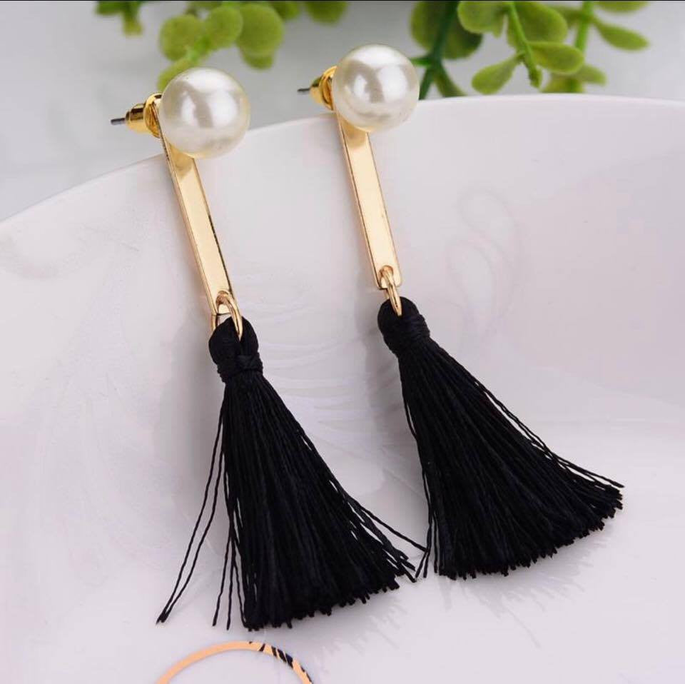 Gold Metal Bar Tassel Fringe Pearls Ear Jackets Drop Earrings
