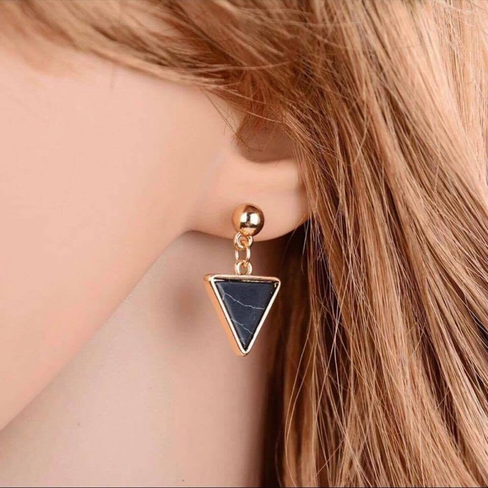 Geometric Triangle Marble Faux Stone Asymmetry Long Drop Dangle Earrings