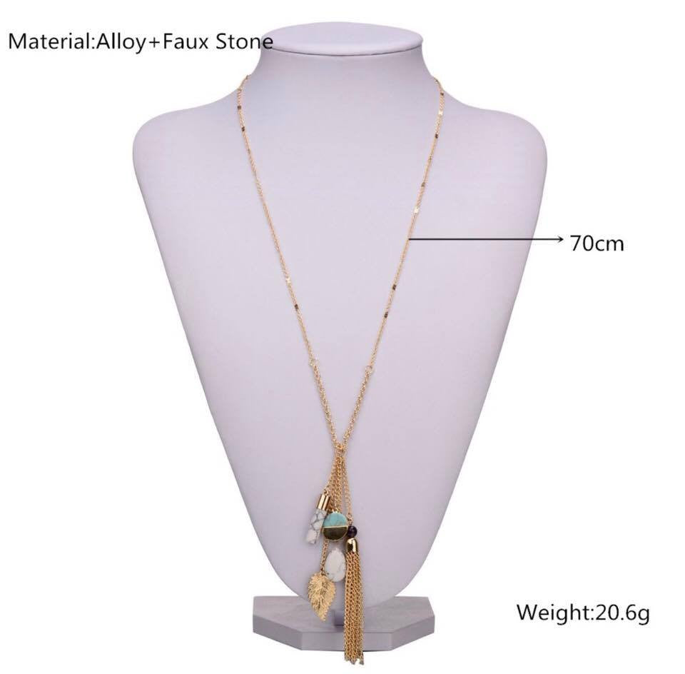 Tassel Necklace Bohemian Blue Faux Stone Gold Leaf Long Chain Necklace