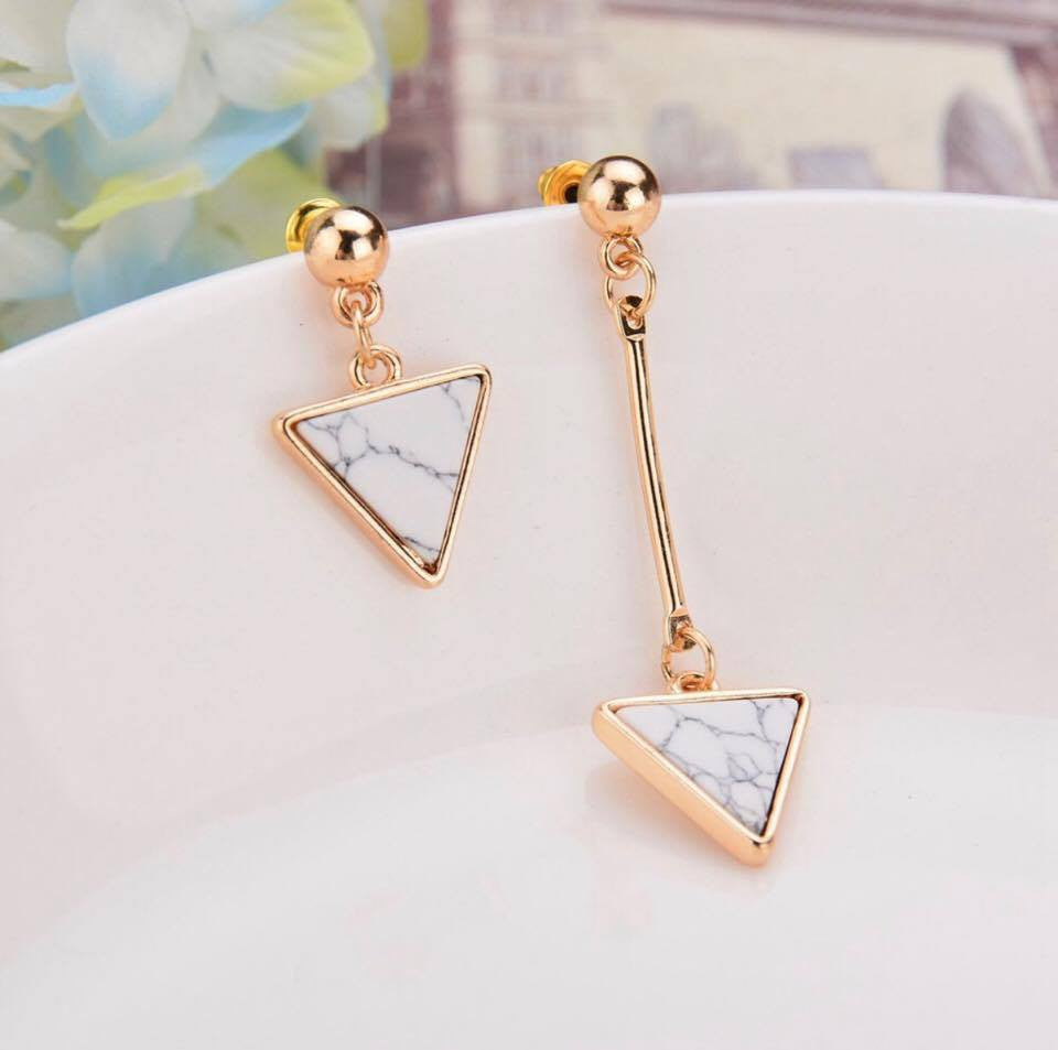 Geometric Triangle Marble Faux Stone Asymmetry Long Drop Dangle Earrings