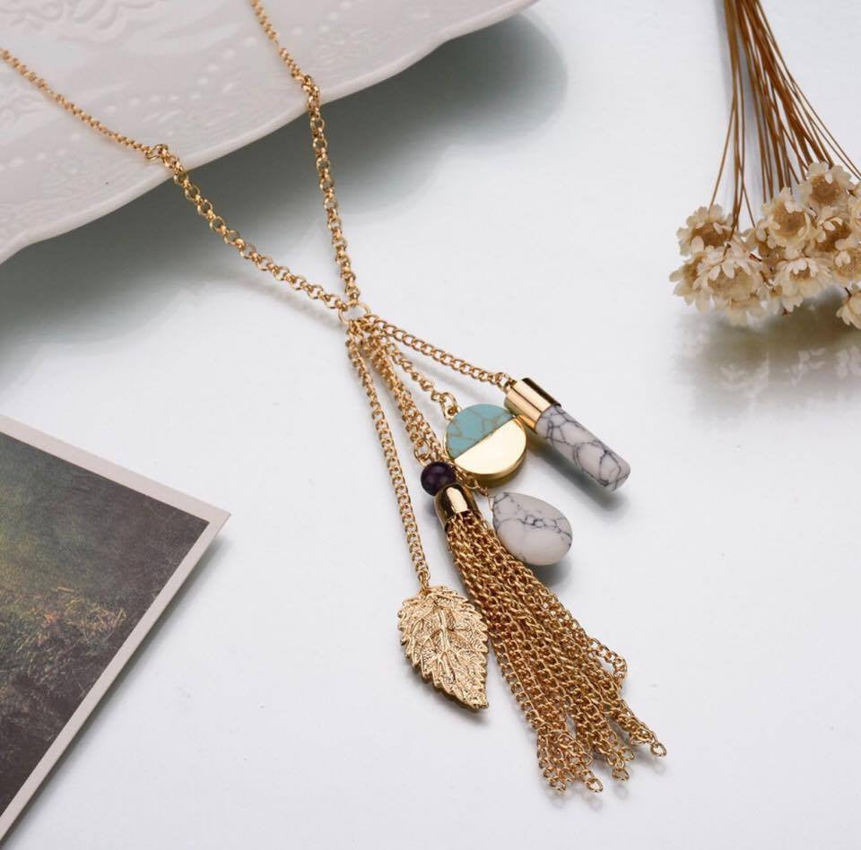 Tassel Necklace Bohemian Blue Faux Stone Gold Leaf Long Chain Necklace