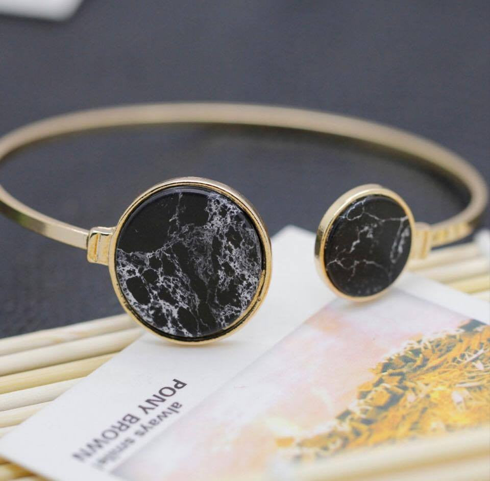Round Black White Turquoise Marbleized Stone Charm Cuff Bangle Bracelet
