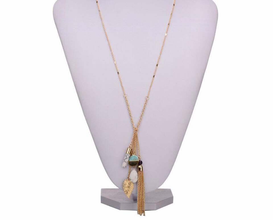 Tassel Necklace Bohemian Blue Faux Stone Gold Leaf Long Chain Necklace