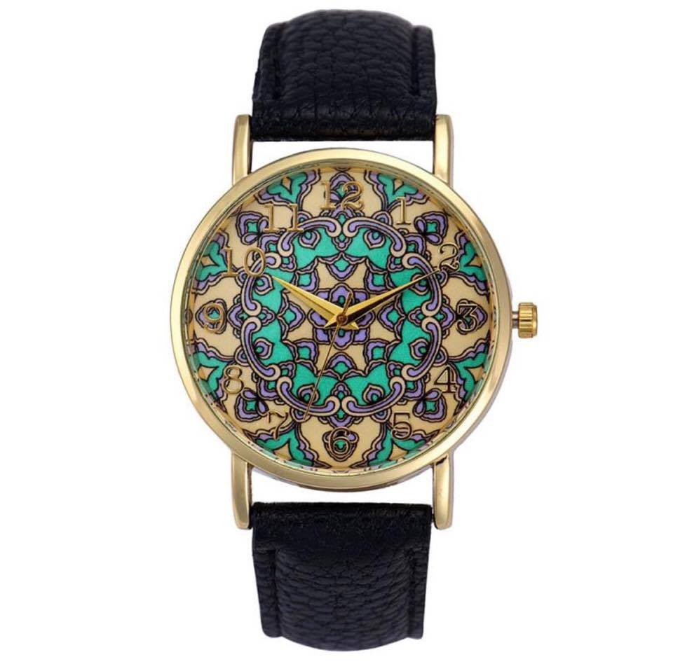 Women's Faux Leather Flower Pattern Analog Quartz Watch