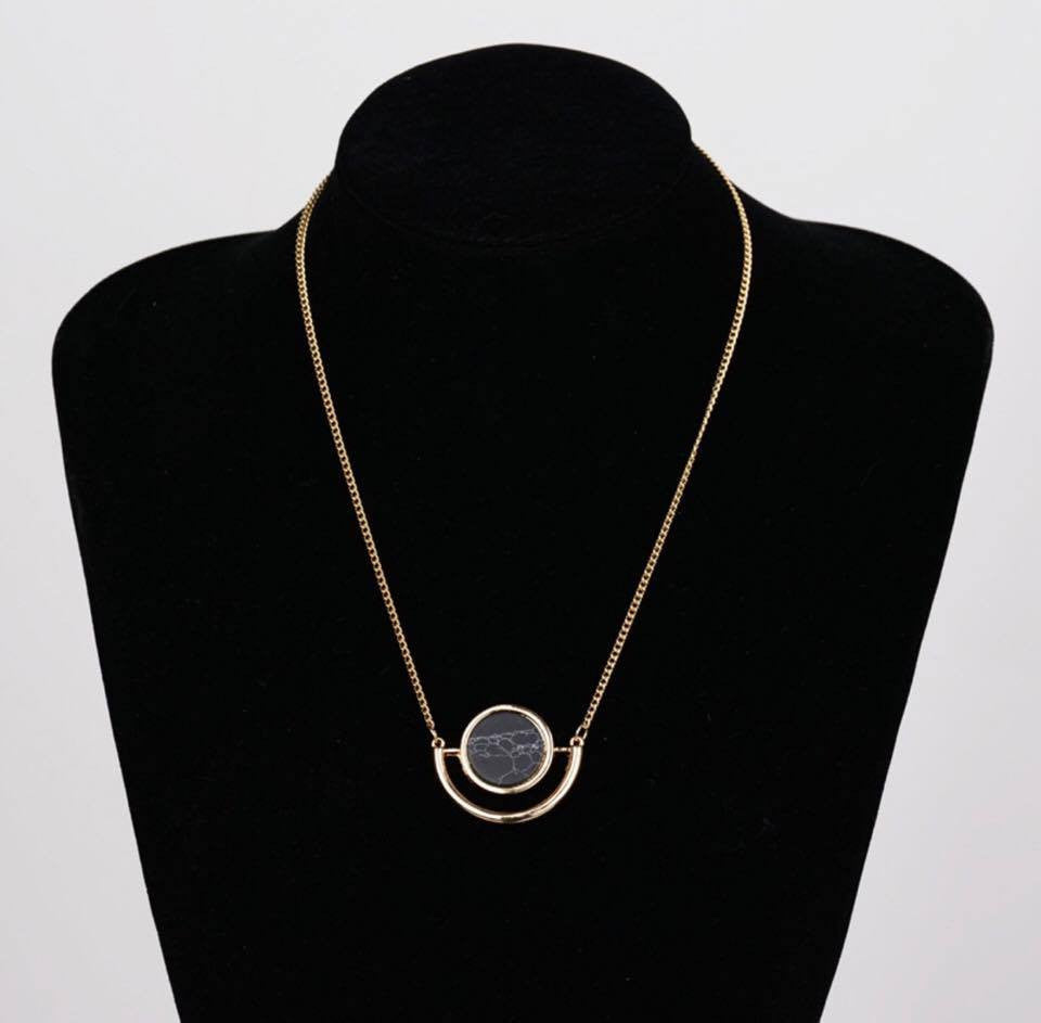 Gold Chain White Black Round Turquoise Marbled Stone Necklace