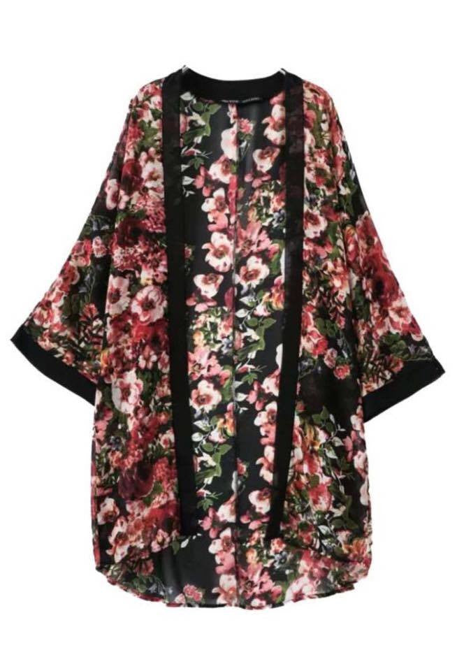 Stylish Casual Vintage Flower Floral Print Chiffon Kimono Cardigan