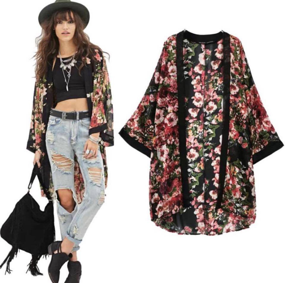 Stylish Casual Vintage Flower Floral Print Chiffon Kimono Cardigan