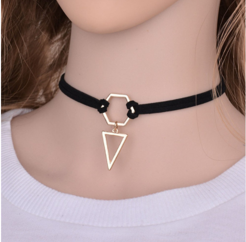 Black Choker Double Layer Gold Plated Geometry Triangle Pendant