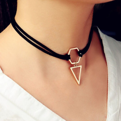Black Choker Double Layer Gold Plated Geometry Triangle Pendant