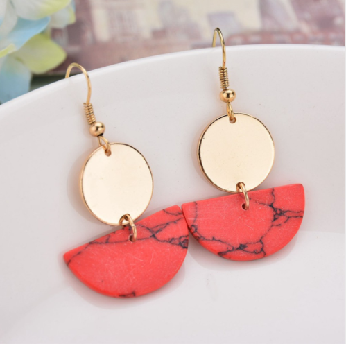 Dangle Earrings Gold Plated Red/Black/White Faux Stone Geometric Long Drop