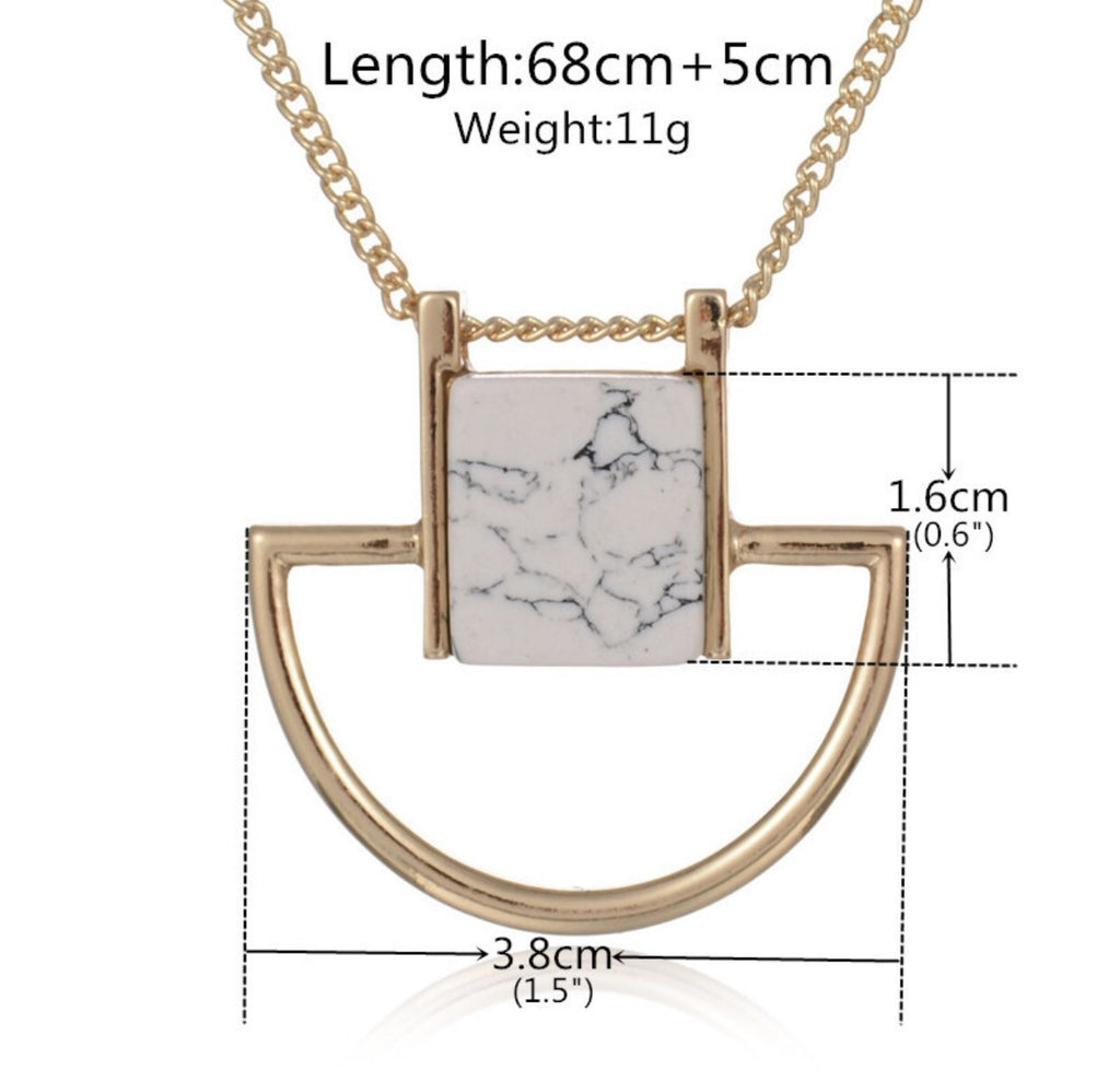 Gold Plated Sweater Chain Square Faux Marbled Stone Pendant