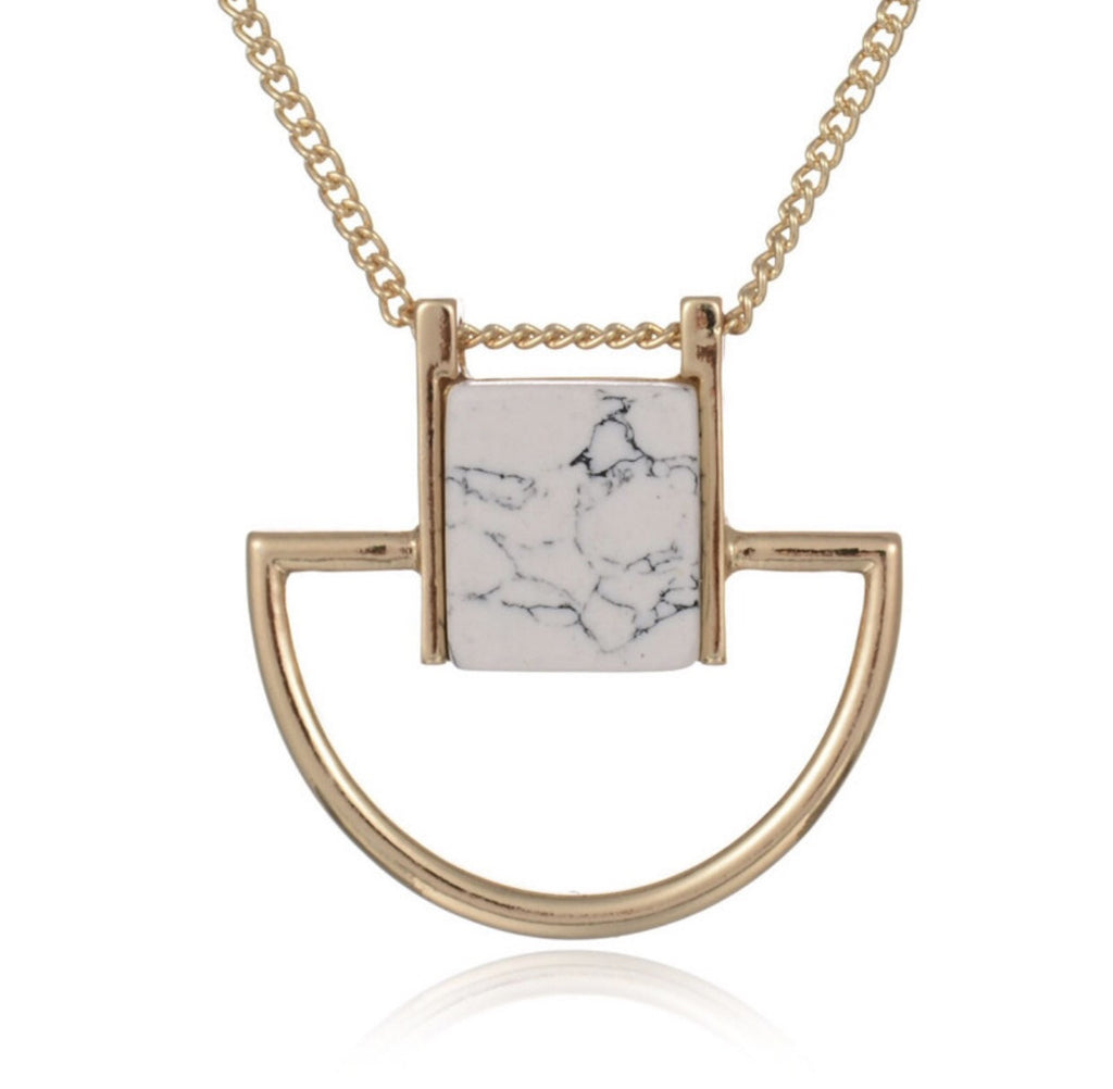 Gold Plated Sweater Chain Square Faux Marbled Stone Pendant