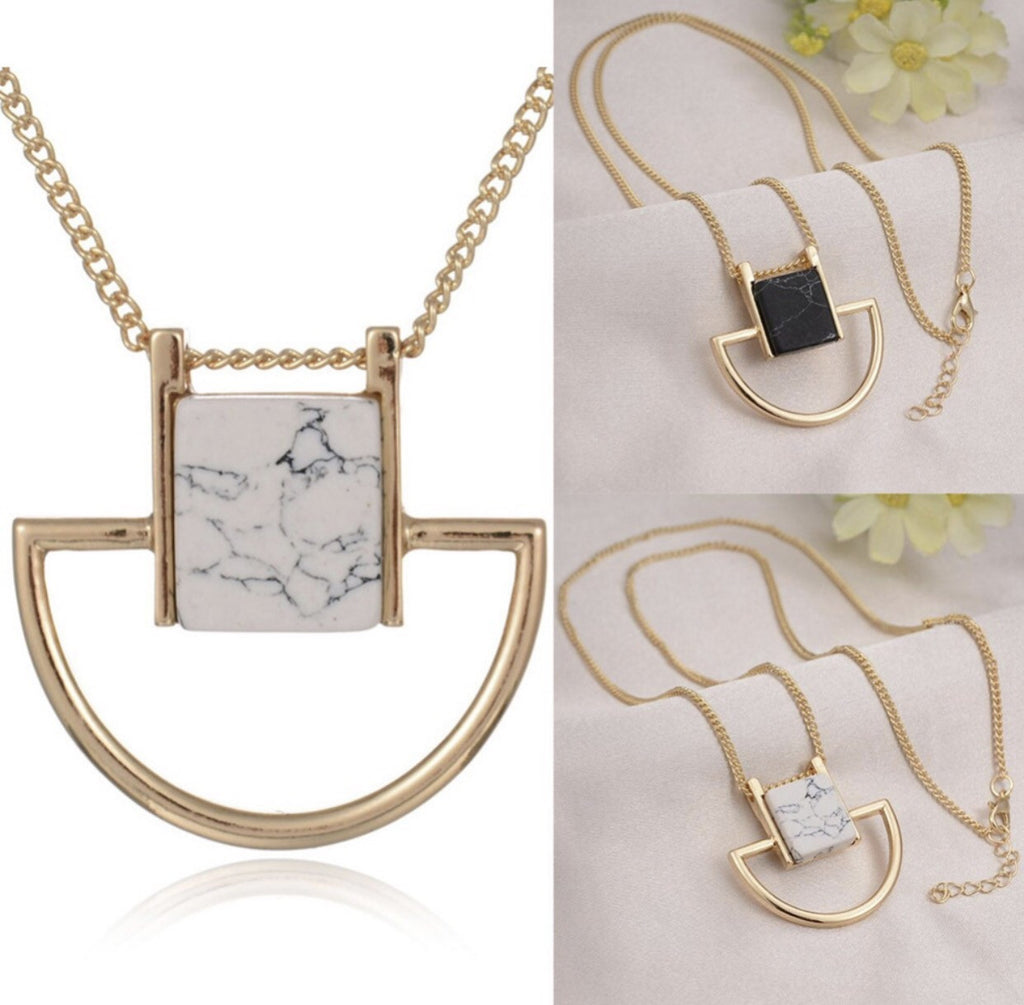 Gold Plated Sweater Chain Square Faux Marbled Stone Pendant