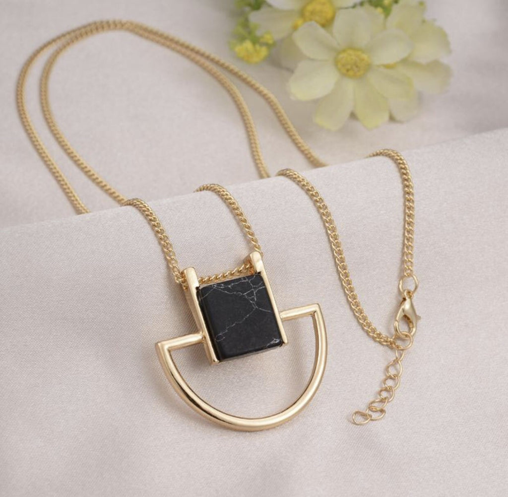 Gold Plated Sweater Chain Square Faux Marbled Stone Pendant
