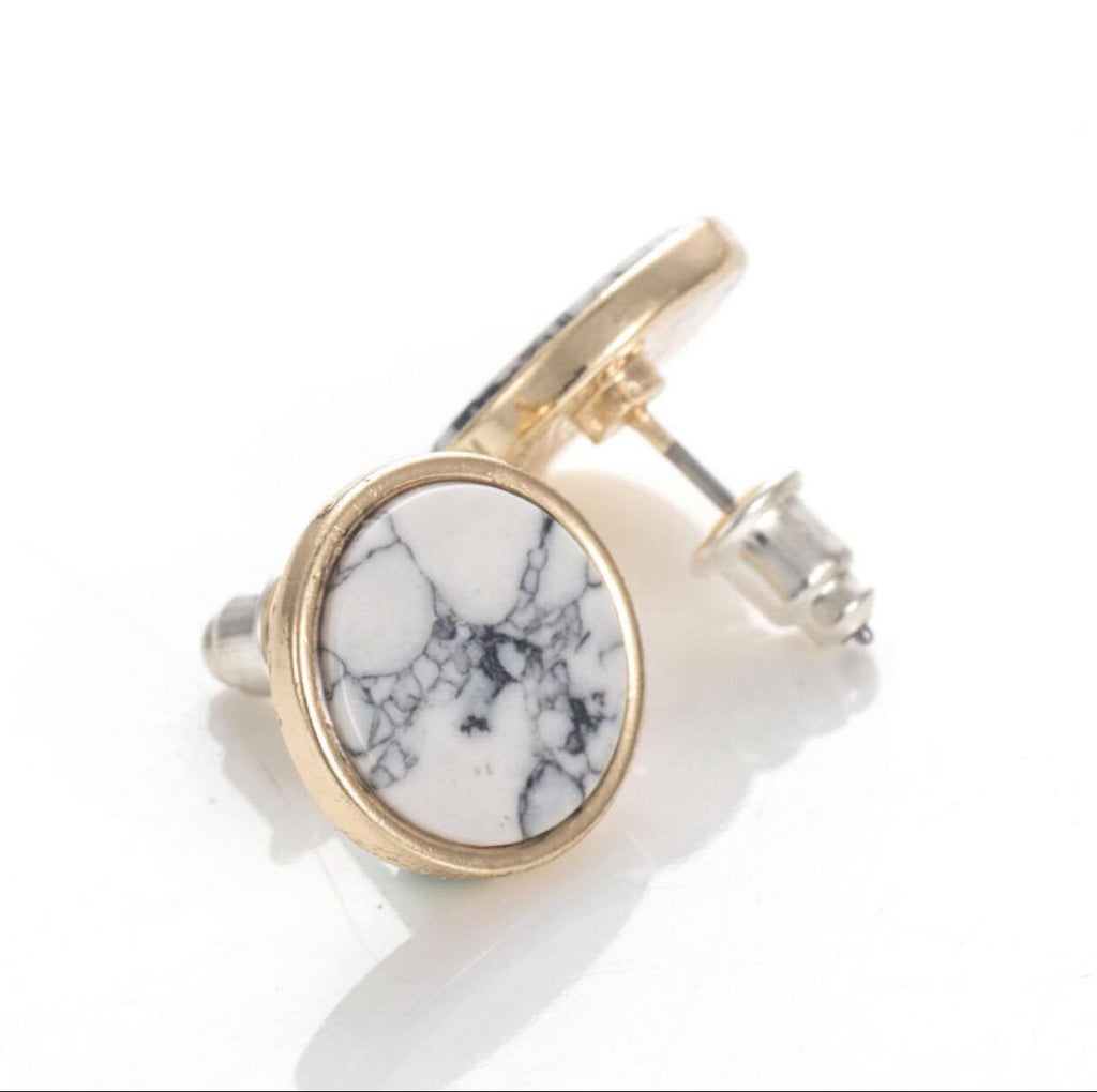 Trendy Gold Fashion Square Triangle Round Geometric Marbled White Faux Stone Stud Earrings
