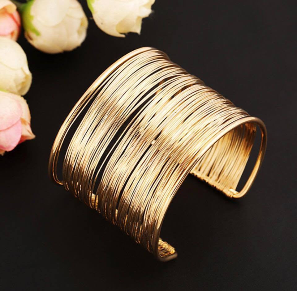 Gold Wire Opened Wide Cuff Bangle