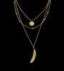 Gold Silver Beaded Metal Feather Pendant Multi Layer Chain Necklace