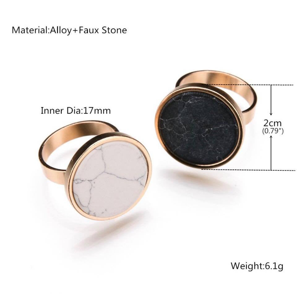 Black White Round Faux Marbled Stone Ring