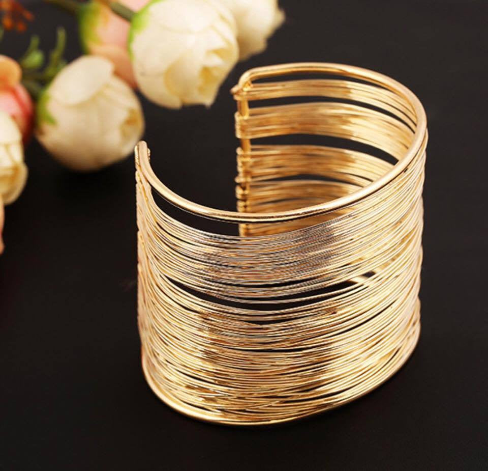 Gold Wire Opened Wide Cuff Bangle