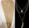 Gold Silver Beaded Metal Feather Pendant Multi Layer Chain Necklace