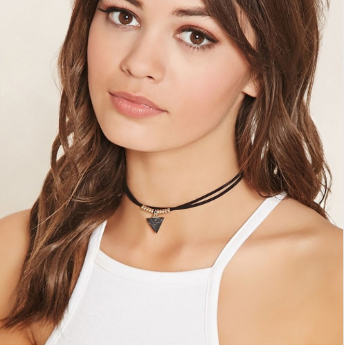 Faux Stone Velvet Rope Choker Necklace With Gold Color Beads