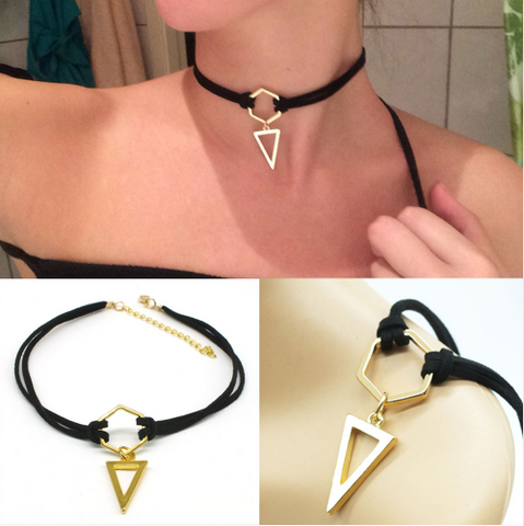 Black Choker Double Layer Gold Plated Geometry Triangle Pendant