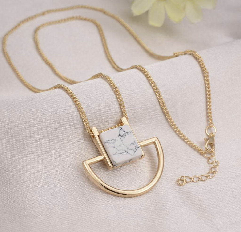 Gold Plated Sweater Chain Square Faux Marbled Stone Pendant